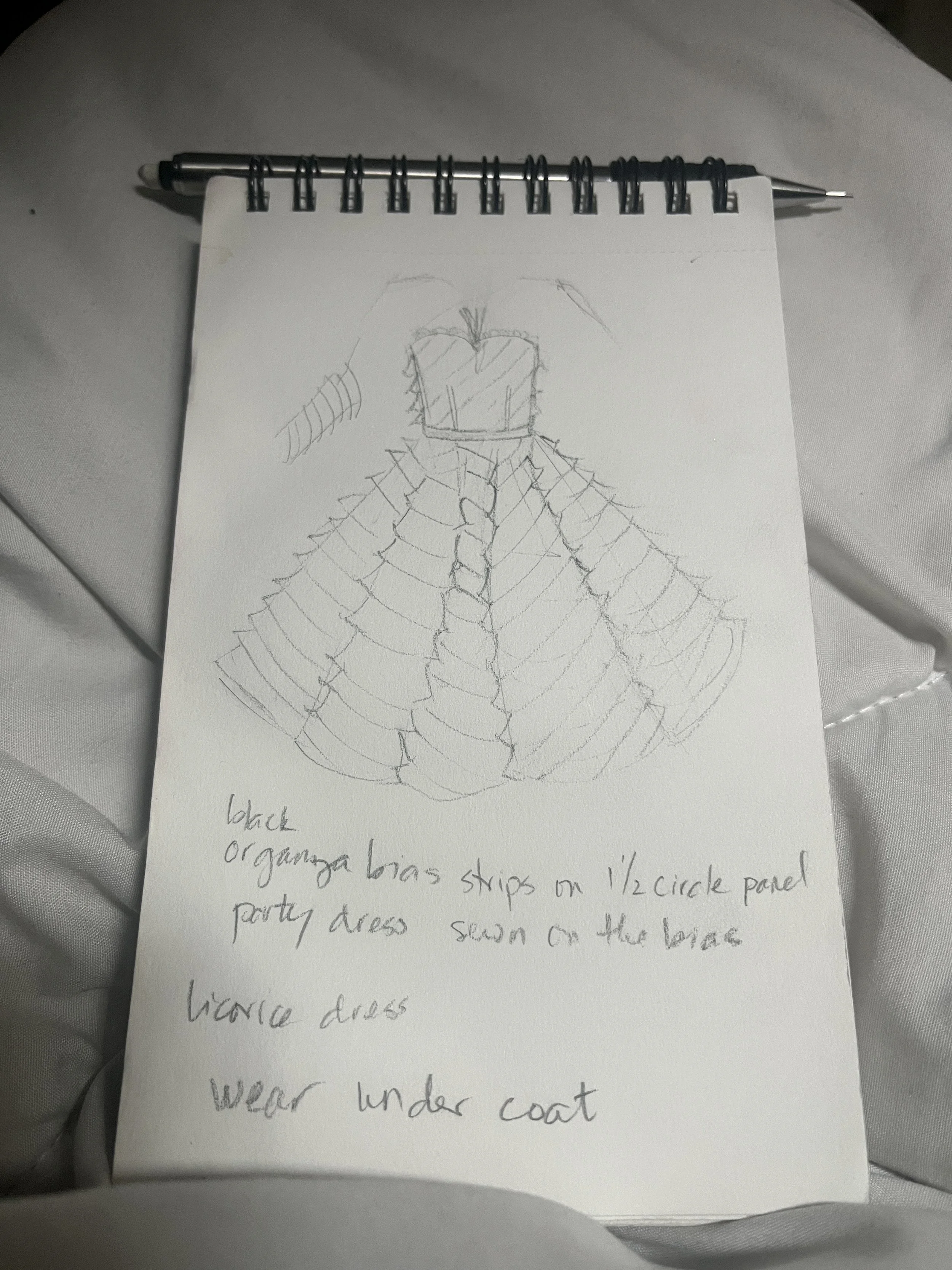 Unactualized- alternate licorice designs. A puffy coat with a party dress underneath.