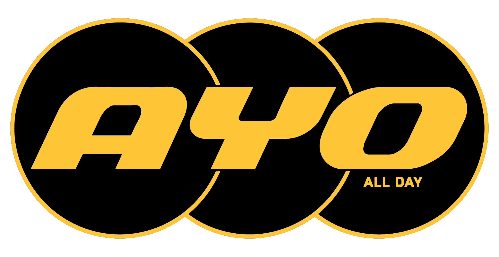 Black and yellow logo that reads 'APYO' with the words 'ALL DAY' below the O in yellow, arranged in three overlapping black circles with yellow borders.