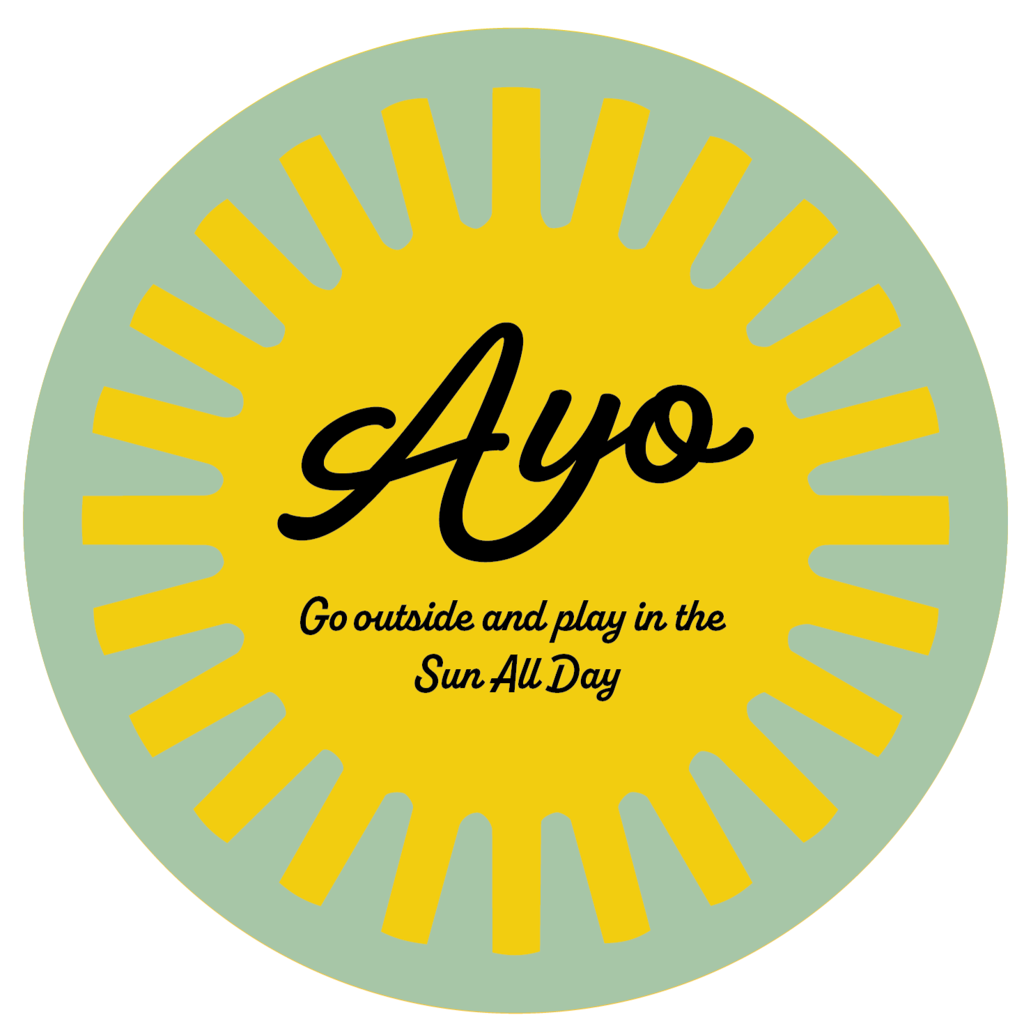 A circular logo with a yellow sunburst pattern and a light green background. The text 'Ayo' in black cursive font in the center, and below it, the phrase 'Go outside and play in the Sun Ayo Day' in smaller black font.