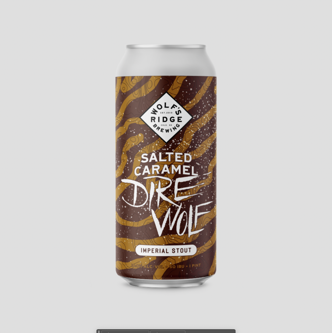 A can of salty caramel flavored Imperial stout beer from Wolf's Ridge Brewing with a brown and gold abstract patterned label.