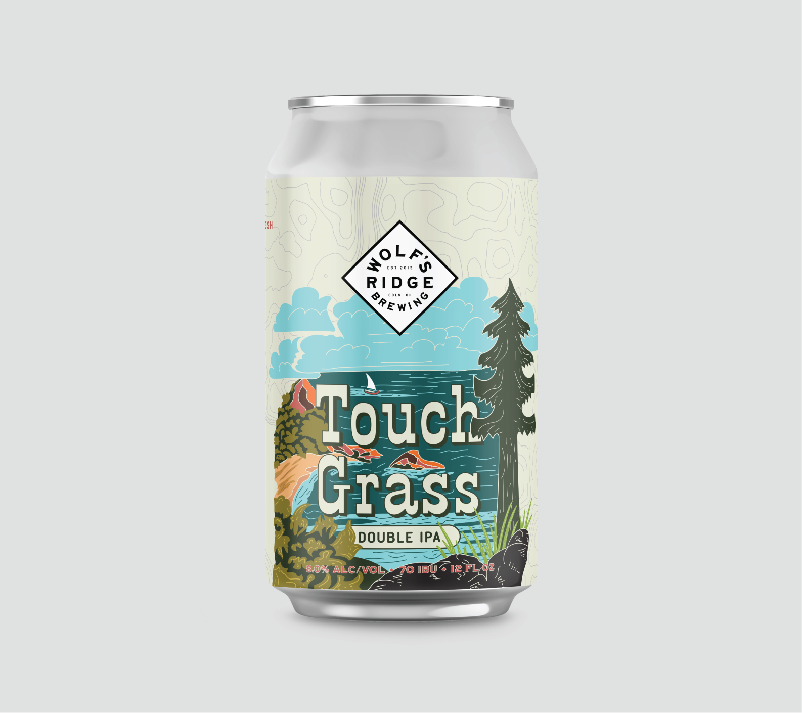 Can with label of Wolf's Ridge Brewing Touch Grass Double IPA, featuring a scenic outdoor landscape with water, trees, and rocks.