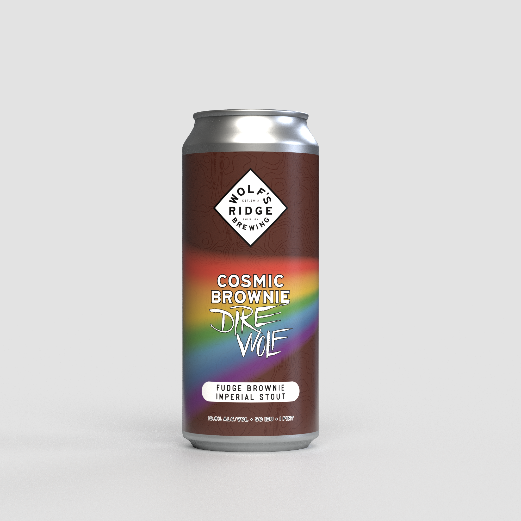 A tall can of Wolf's Ridge Brewing Cosmic Brownie DRE Wolf Fudge Brownie Imperial Stout with a colorful rainbow label and black top.