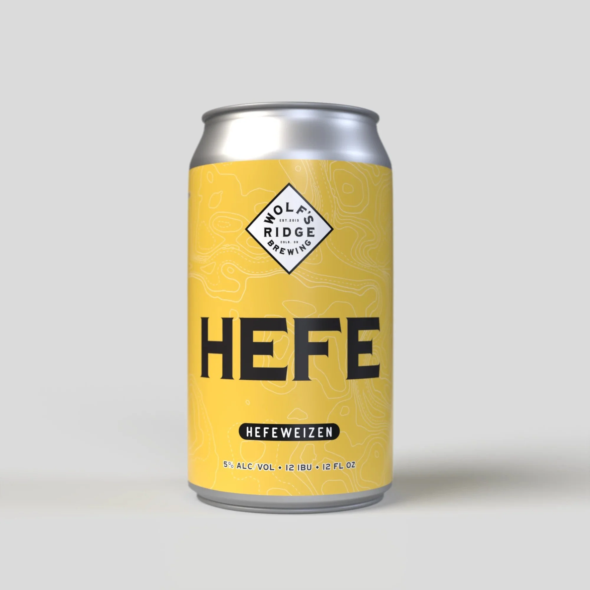 Yellow can with black and white label, labeled Wolf's Ridge Brewing Hefe Hefeweizen, 5% alcohol by volume, 12 IBU, 12 fluid ounces.