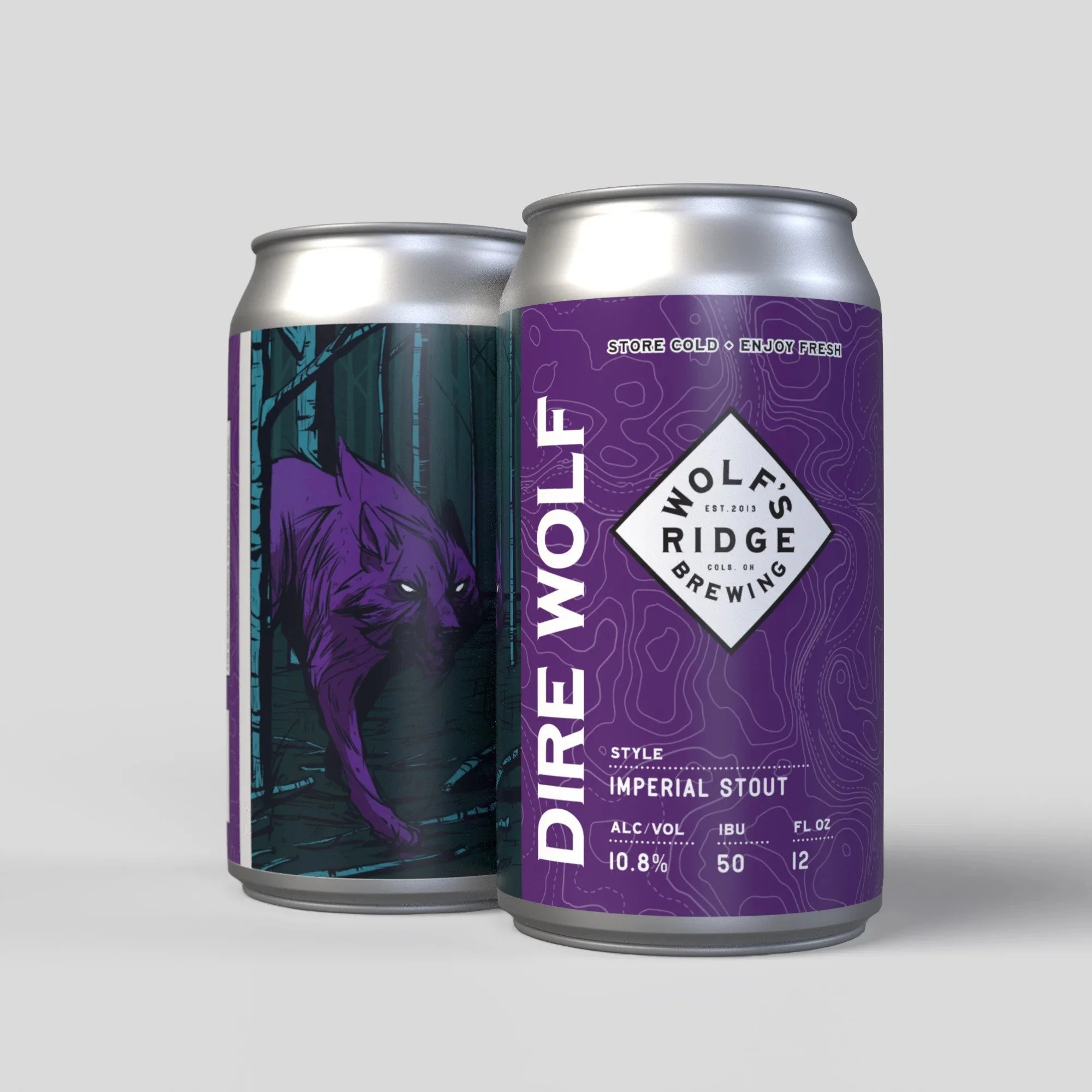 Two cans of beer with purple and dark blue packaging from Wolf's Ridge Brewing, featuring a stylized illustration of a purple wolf in a forest scene on one can and a topographic map design on the other. The label indicates it is an Imperial Stout wit