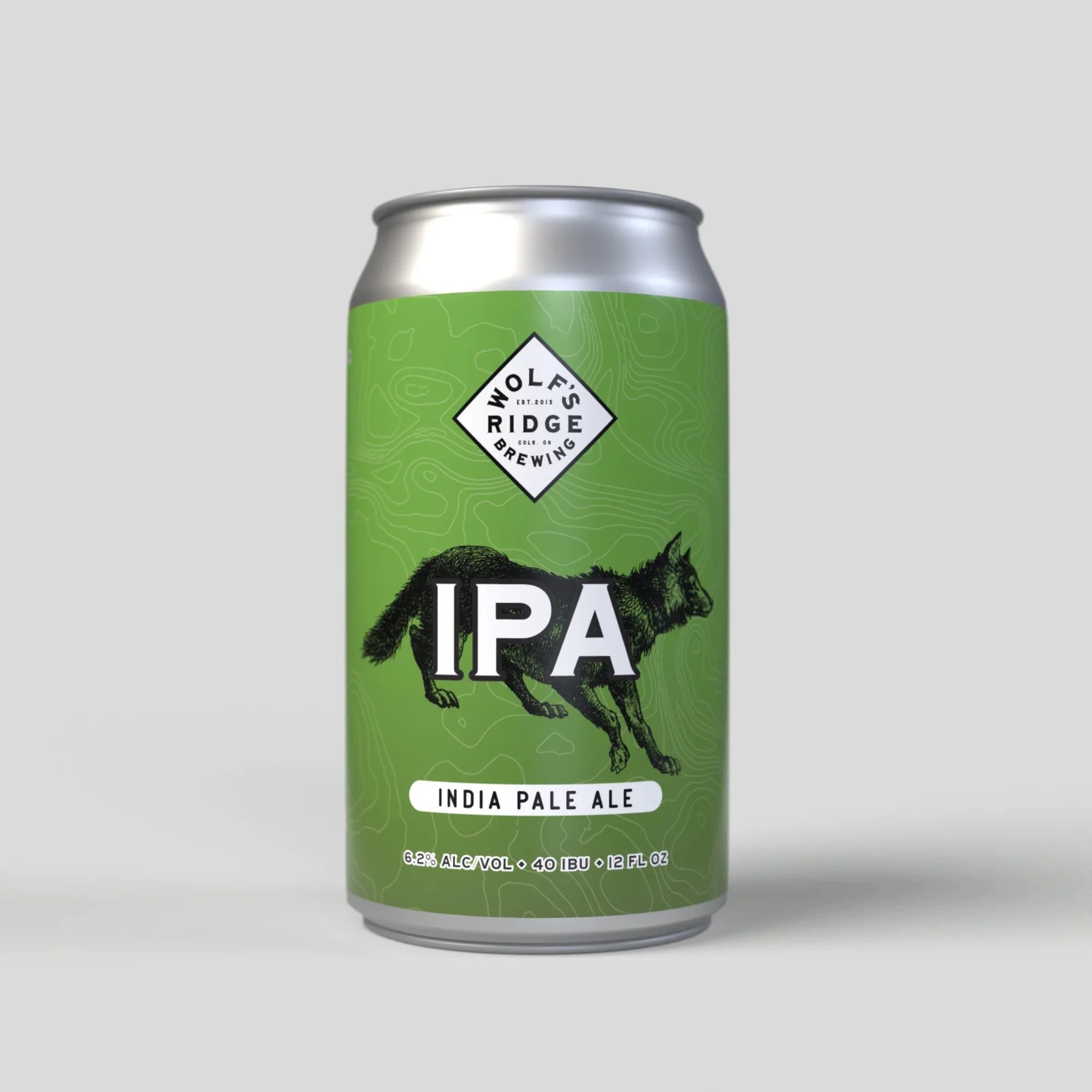 Green beer can with a black illustrated fox and bold white drink name, labeled 'Wolf's Ridge Brewing IPA India Pale Ale, 6.2% alcohol, 40 IBU, 12 fl oz'