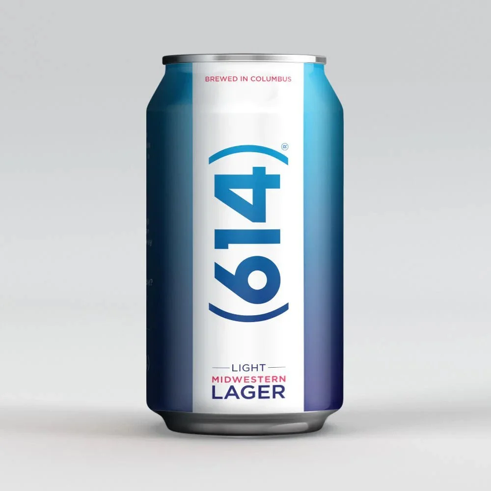 A can of 16 oz light Midwestern lager beer with a blue and white label, featuring the number 16 in large font and the text 'Brewed in Columbus' at the top.
