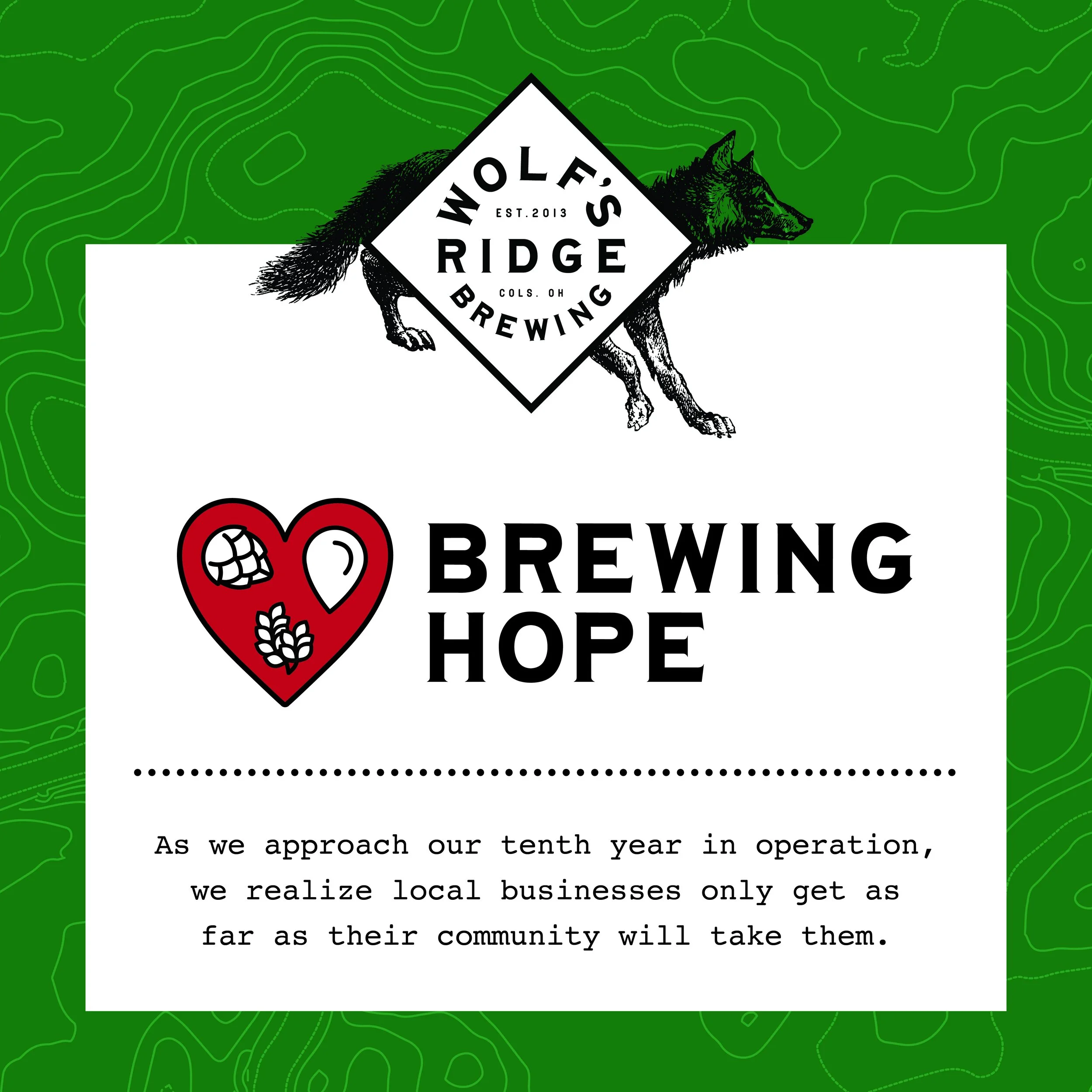 A promotional graphic for Wolf's Ridge Brewing featuring a black wolf silhouette, a red heart with hop and barley symbols, and text about their tenth year in operation and support for local businesses.