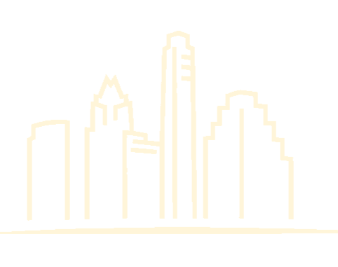 Outline of Austin city skyline with illuminated buildings.