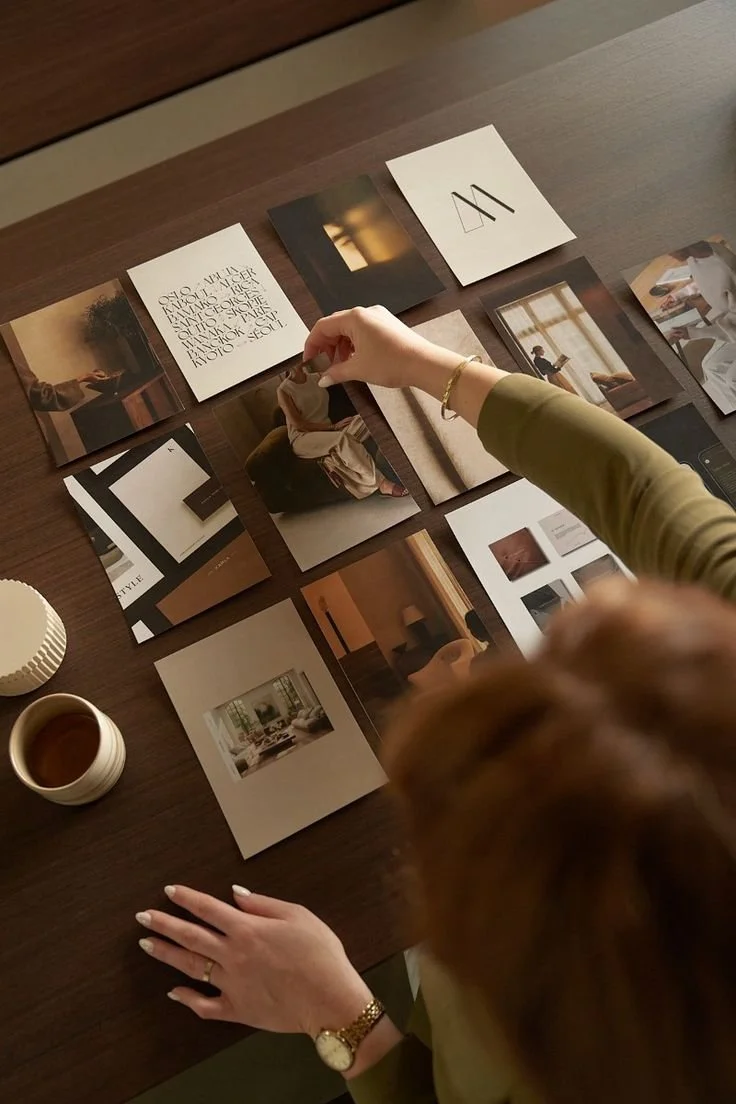A person with a gold watch and ring is arranging photographs and cards on a wooden table beside a cup of coffee and a ribbed container, in a room with warm lighting.