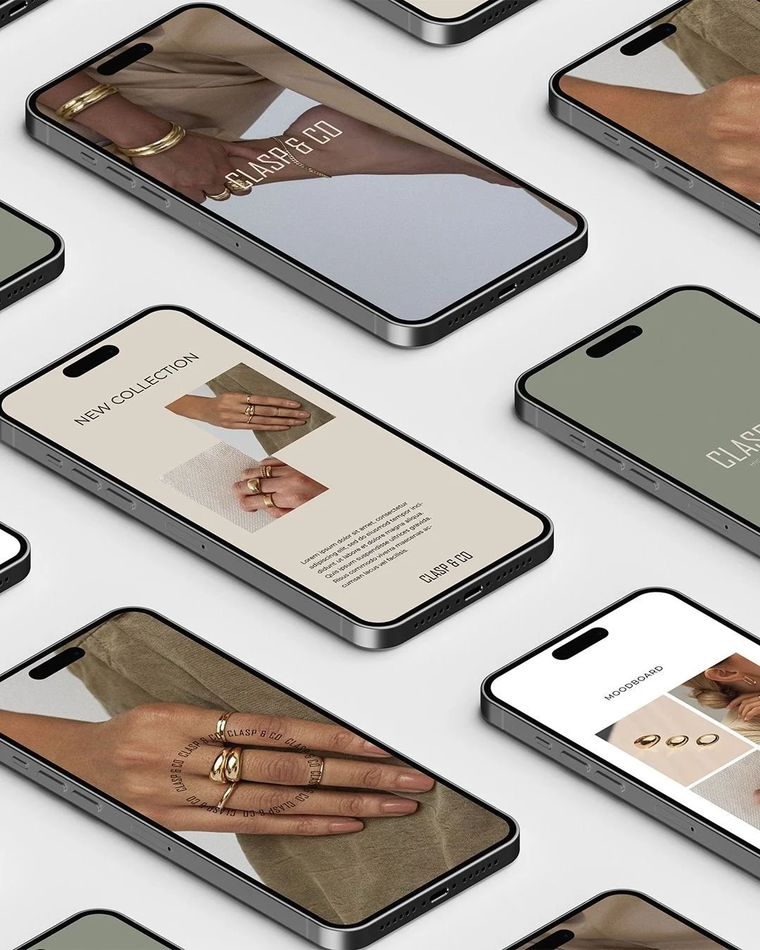 Multiple smartphones displaying jewelry and fashion accessory advertisements on a white surface.