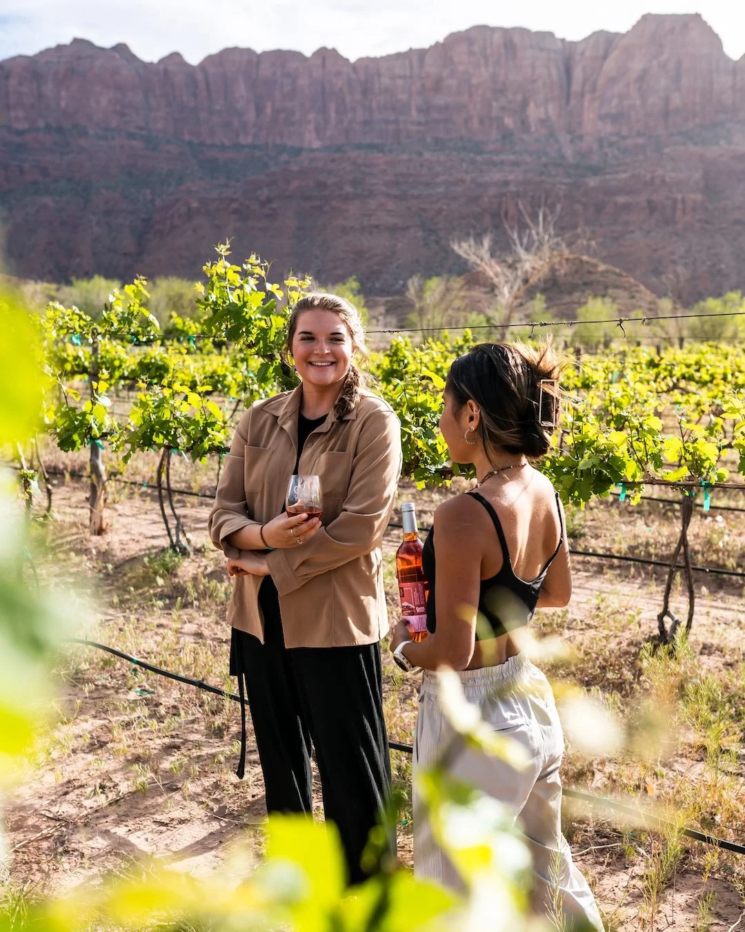 Two women in a vineyard with a mountain backdrop, one holding a glass of wine, the other holding a wine bottle, enjoying a sunny outdoor wine tasting.