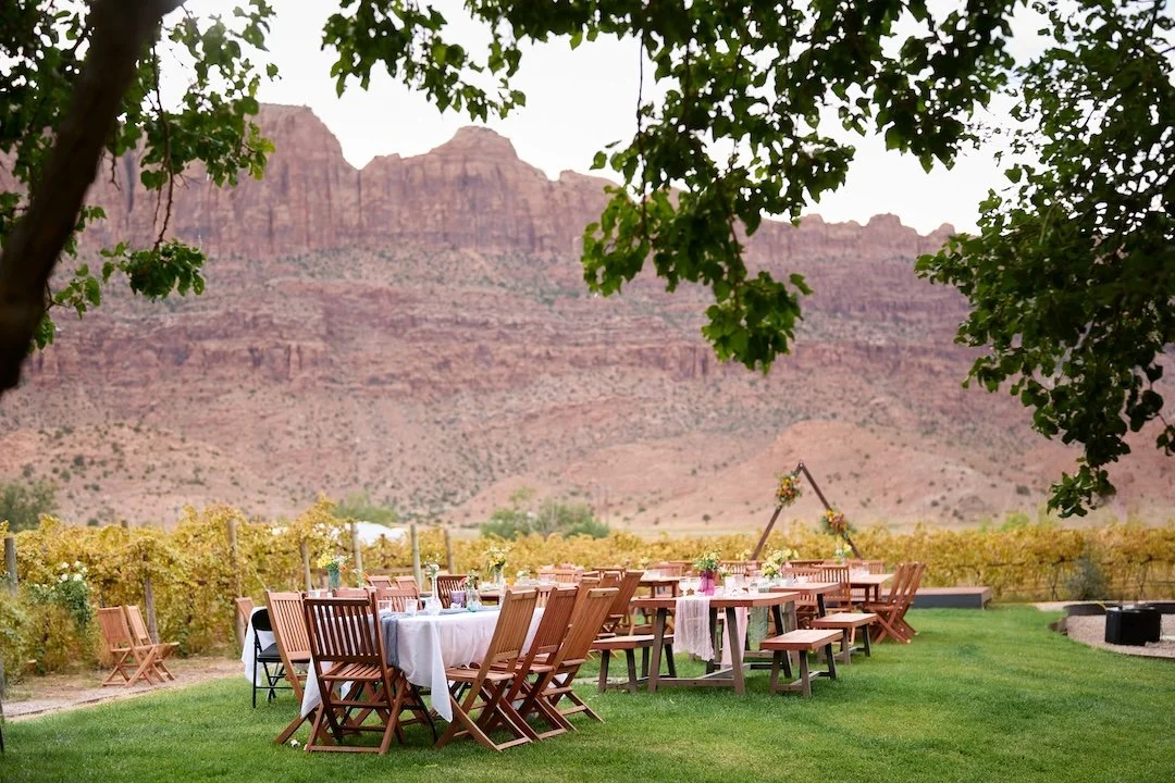 Outdoor dining setup with tables and chairs on a grassy area, surrounded by grapevines and overlooking red rock formations and mountains in the background, framed by tree branches.