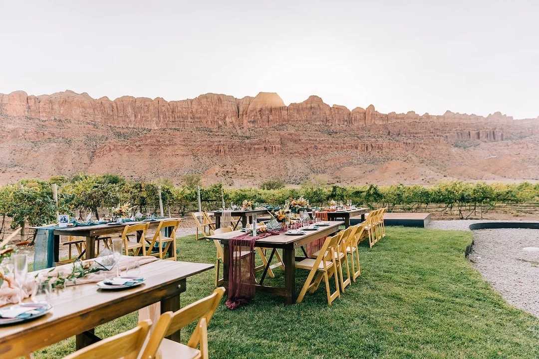 Outdoor dining setup with tables and chairs on a grassy area, with a mountain range in the background.