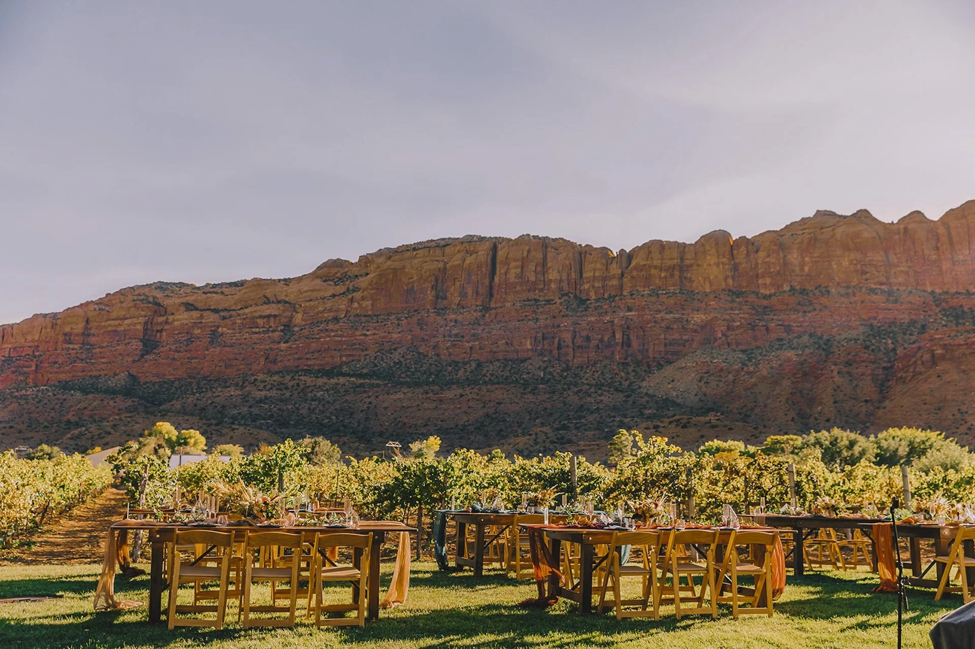 Outdoor dining setup in a vineyard with tables and chairs, overlooking a mountain range and vineyards under a cloudy sky.