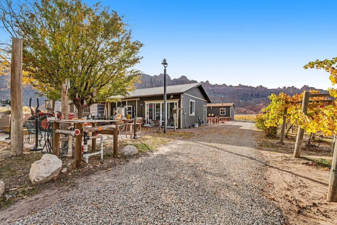 A rural scene with a gray house, outdoor furniture, and grapevines on the right, with mountains in the background, and a gravel driveway.