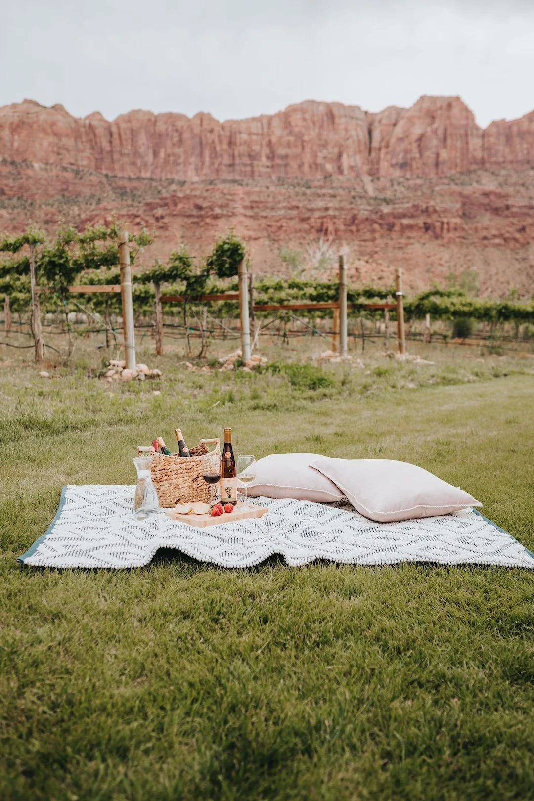 A picnic setup on a blanket with pillows, wine bottles, glasses, and a basket of food in a vineyard with red rock formations in the background.