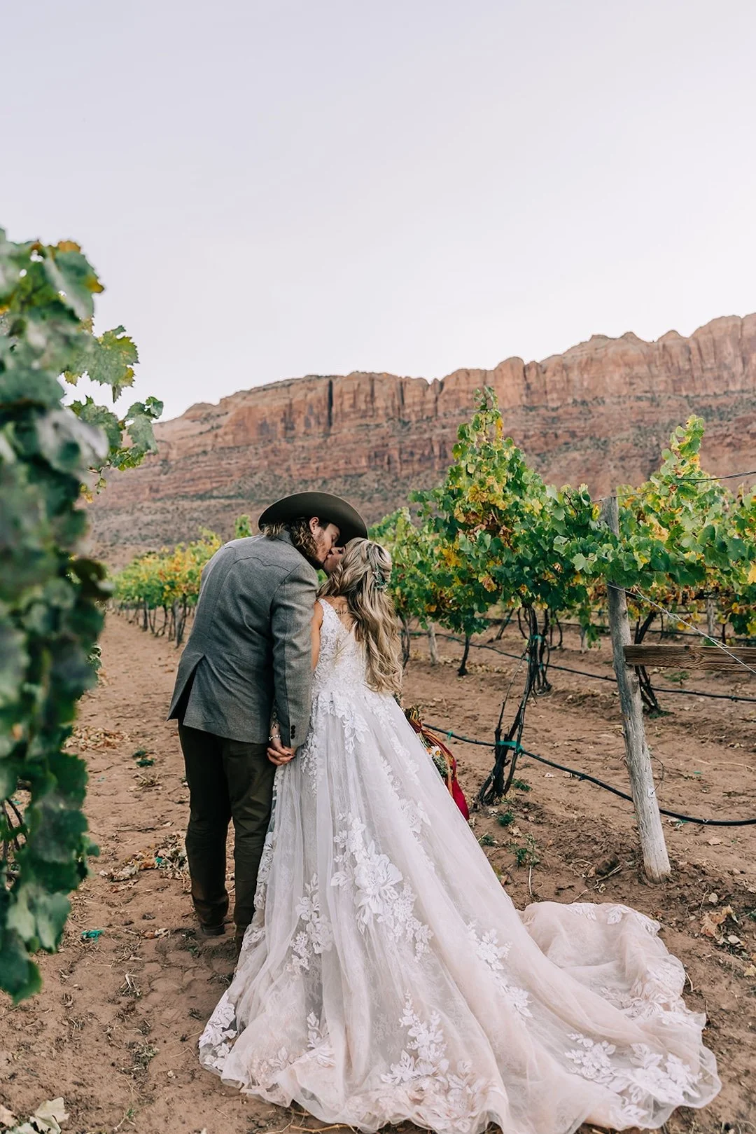 Couple at a vineyard with a rocky mountain in the background, the man in a gray blazer and cowboy hat, the woman in a white lace wedding dress, holding hands and leaning in for a kiss.