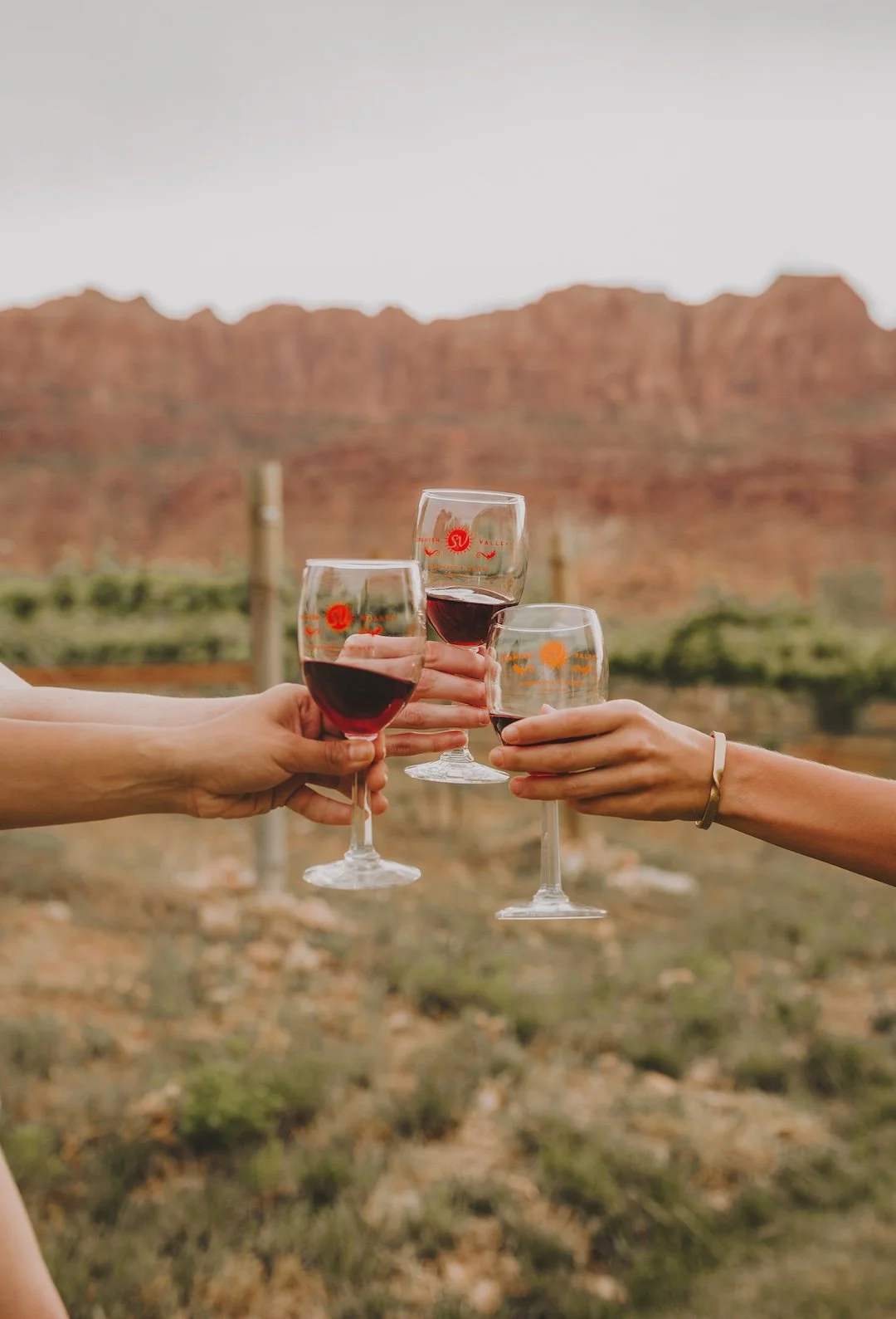 Three people are clinking glasses of red wine outdoors with a desert landscape and red rock formations in the background.