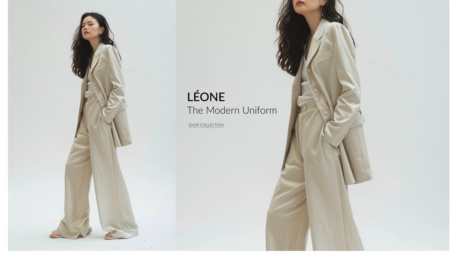 Fashion model wearing beige modern uniform coat and wide-leg pants, standing with hands in pockets on a white background, promotional text for Léone's modern uniform collection.