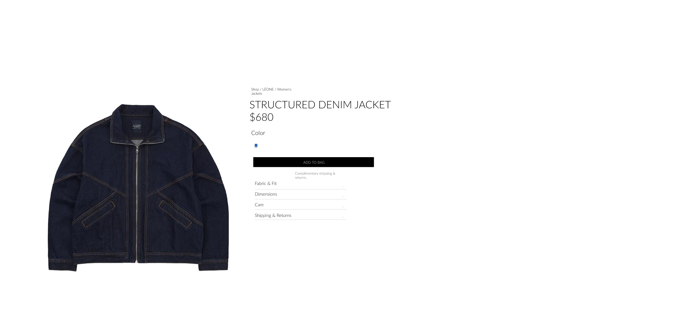 Dark blue structured denim jacket displayed on a webpage with product details and price.