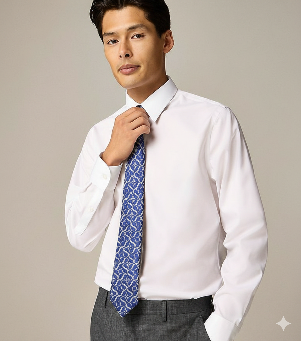 A young man in a white dress shirt and gray trousers adjusting his patterned blue tie.