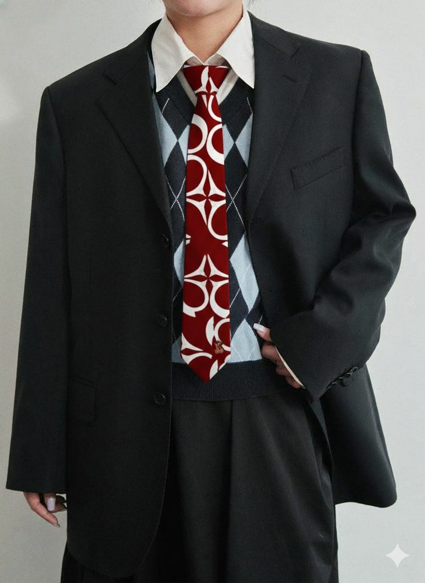 Person wearing a black blazer, white shirt, black vest with diamond pattern, and a red tie with white circular designs.