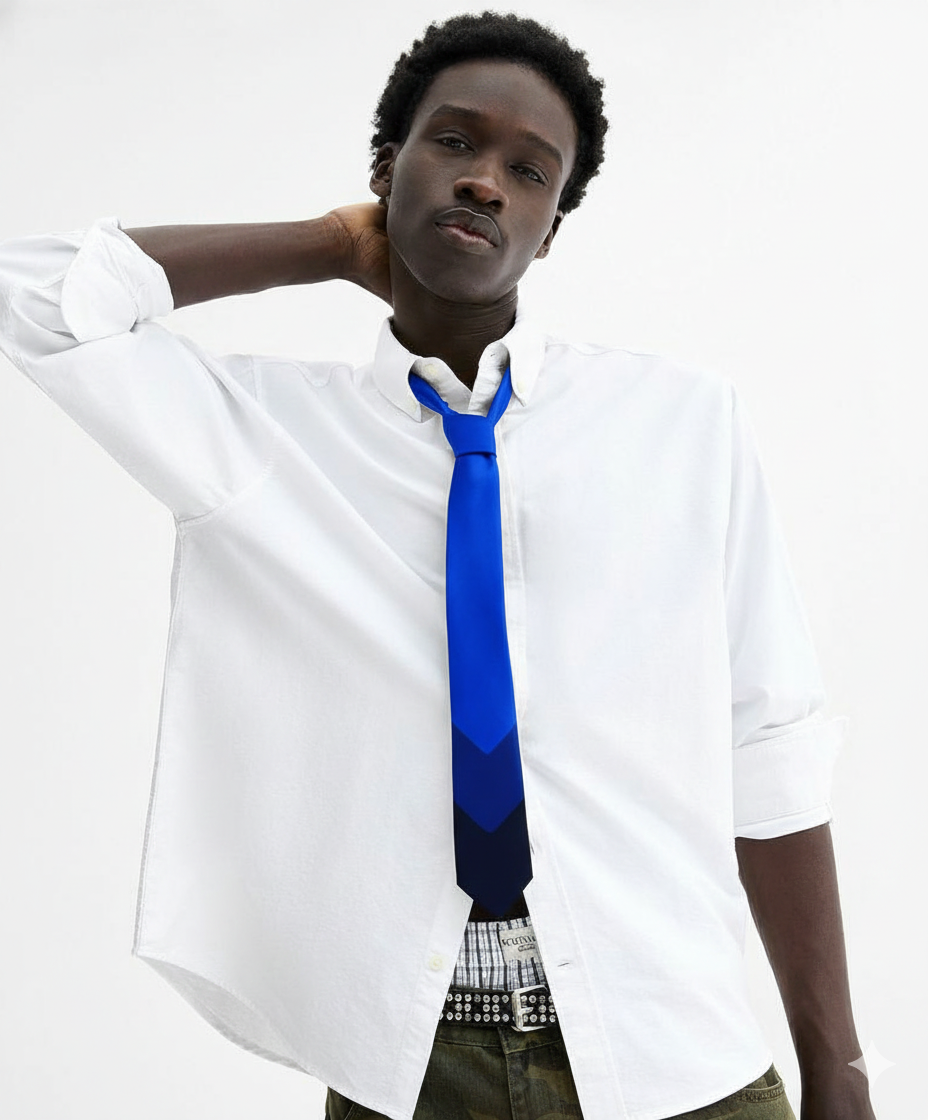 A young man with dark skin and short, curly hair wearing a white button-up shirt and a blue tie, standing against a plain white background with one hand behind his neck.