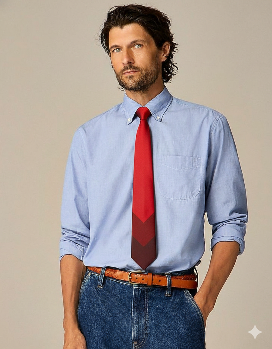 A man with brown hair and a beard wearing a light blue button-down shirt, a red tie, blue jeans, and a brown belt, standing against a plain background.