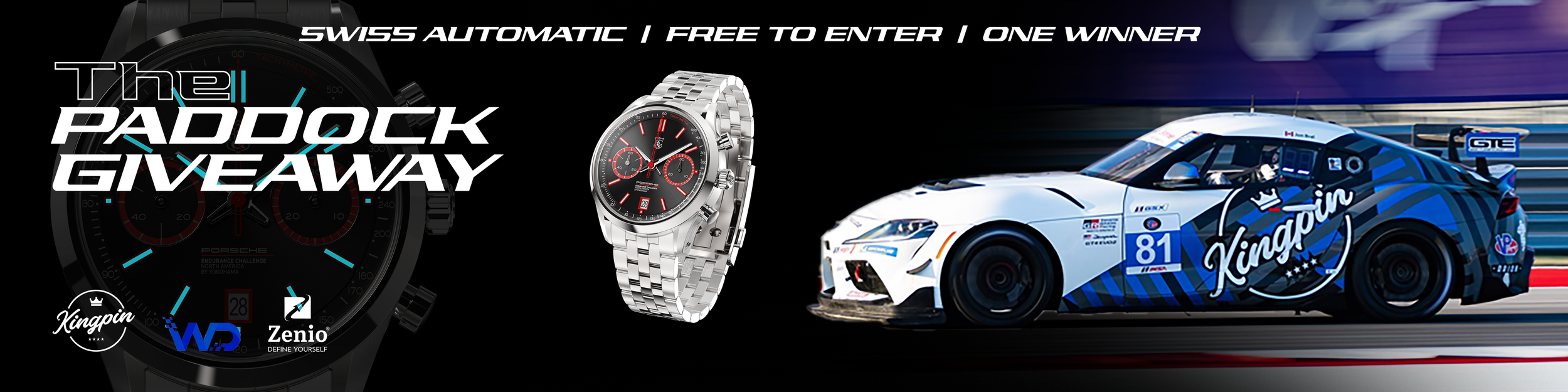 Promotional banner for The Paddock Giveaway featuring a luxury watch and a race car. The text includes details about the giveaway and sponsors.