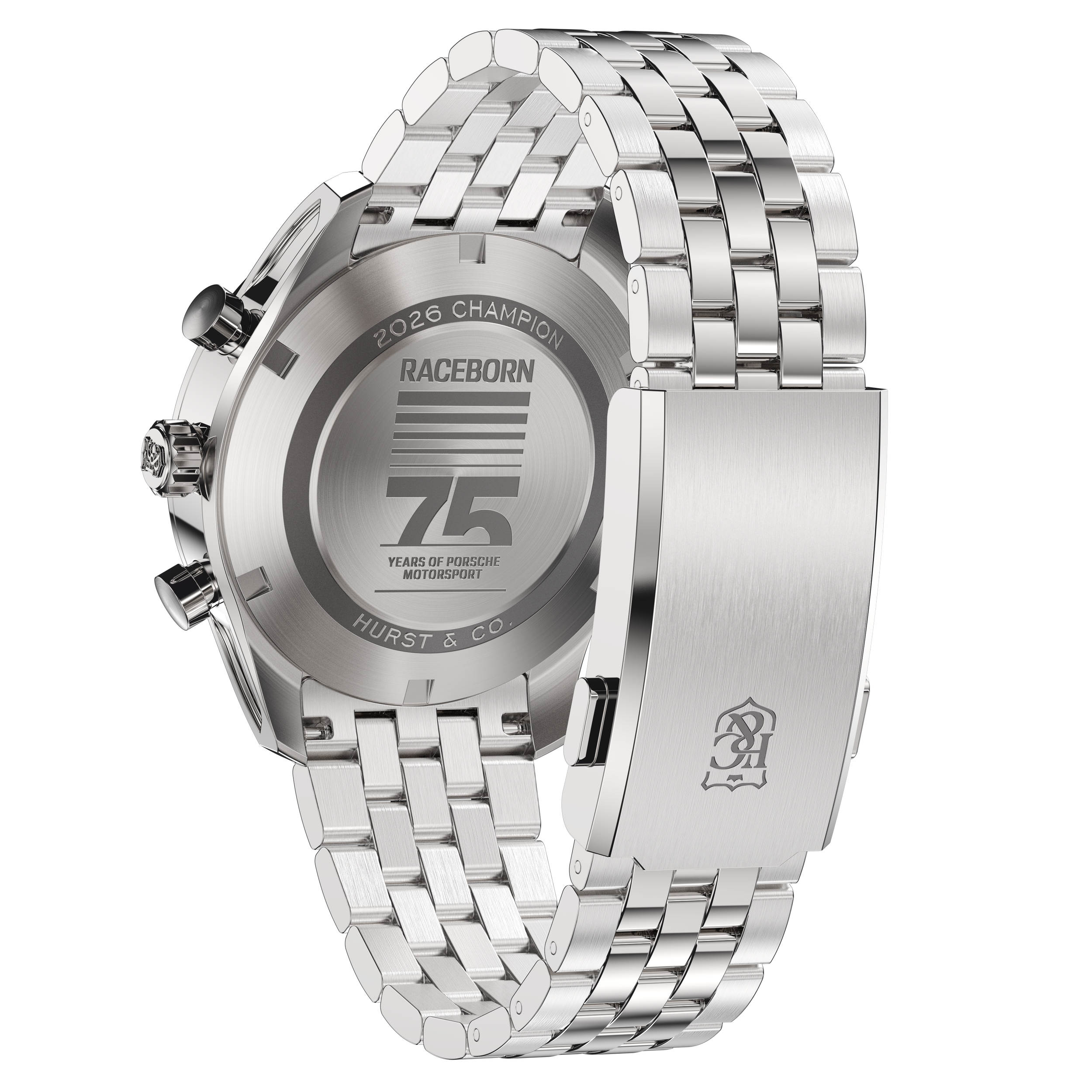 Close-up of a silver luxury wristwatch with a metal band and engraved back marked with "2026 Champion" and "75 years of Porsche Motorsport".