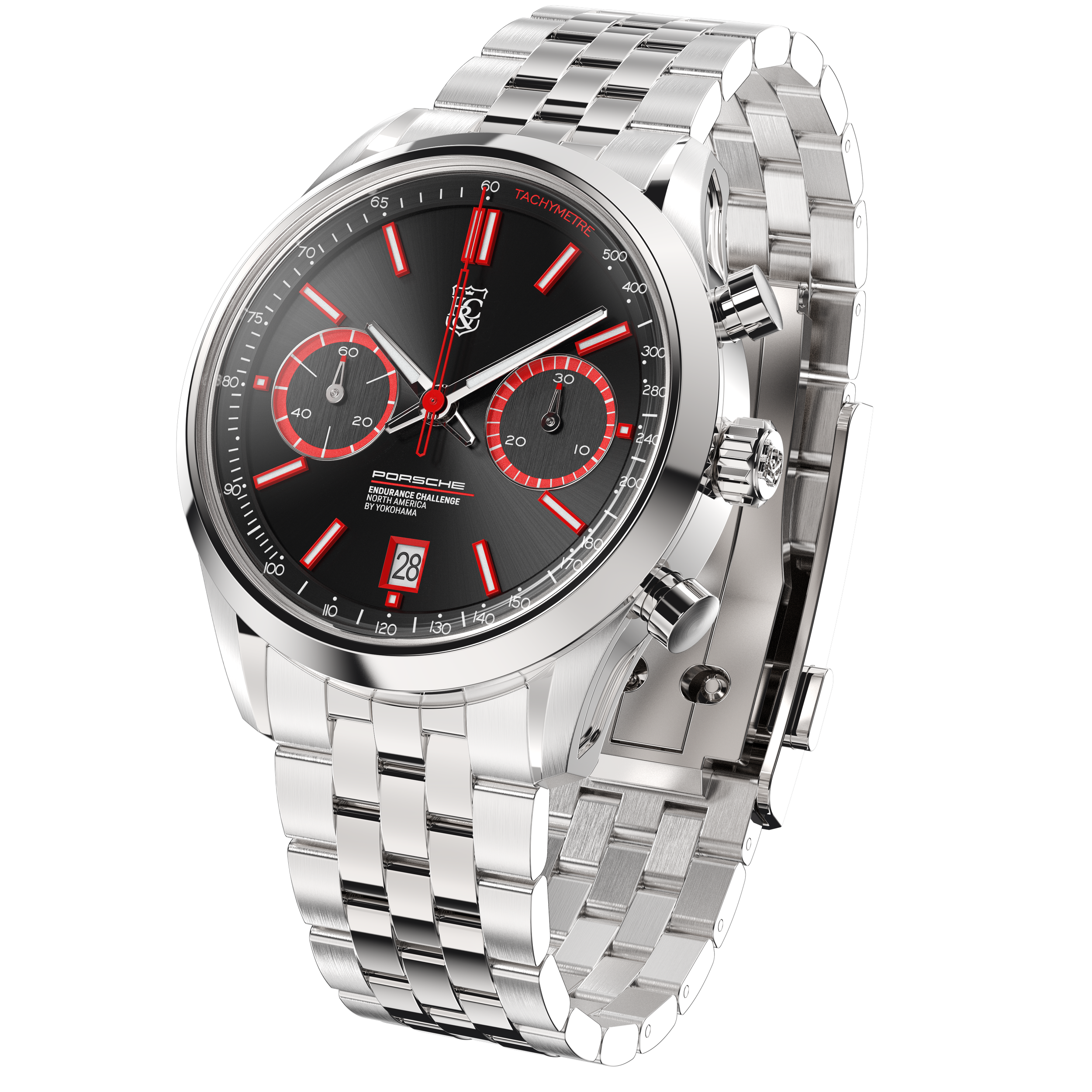 A close-up of a silver luxury wristwatch with a black dial, red accents, and a stainless steel bracelet.