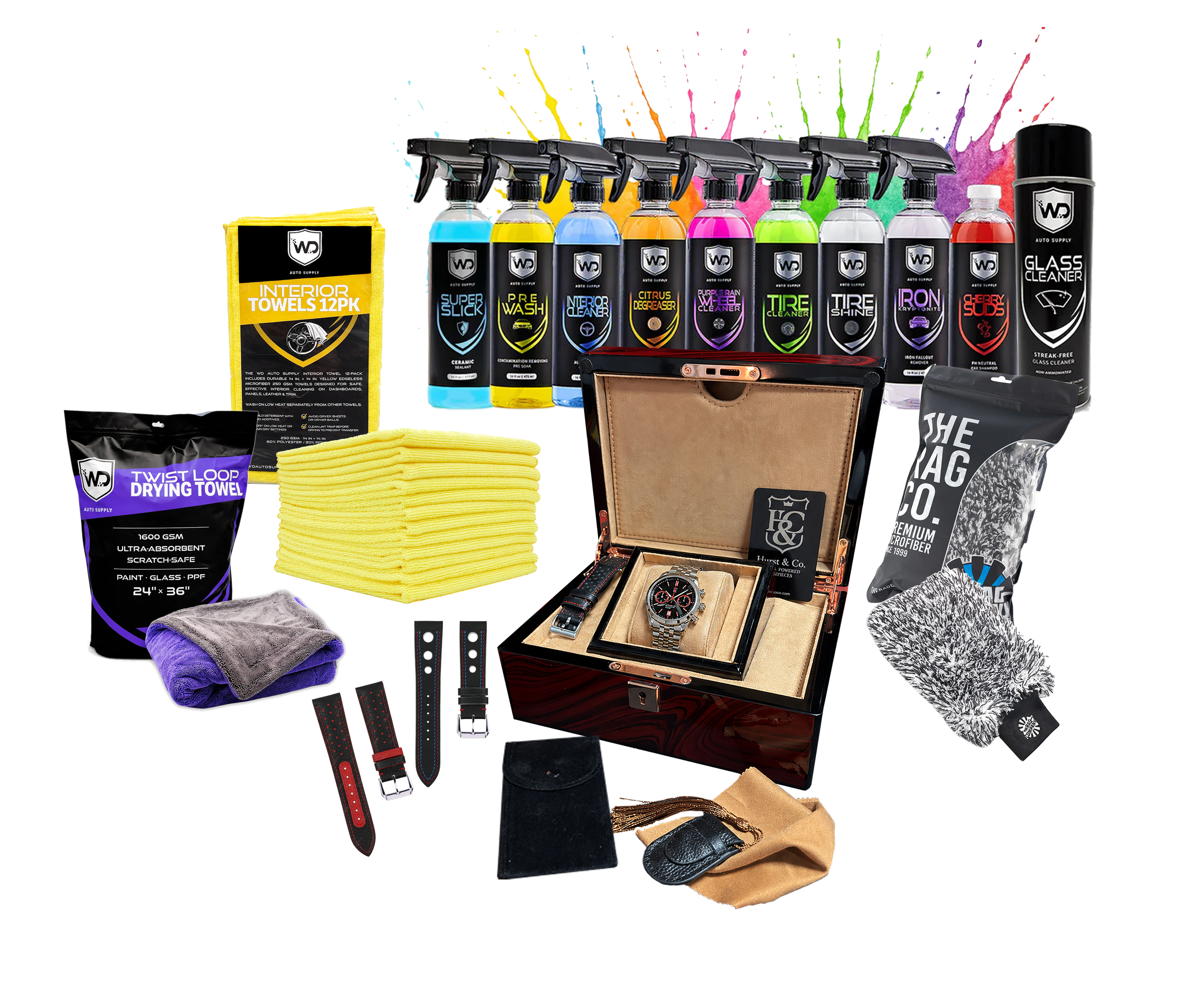 A collection of car cleaning supplies and accessories, including spray bottles of cleaning solutions, microfiber towels, and watch in a box, with some straps and cloths, organized on a surface.