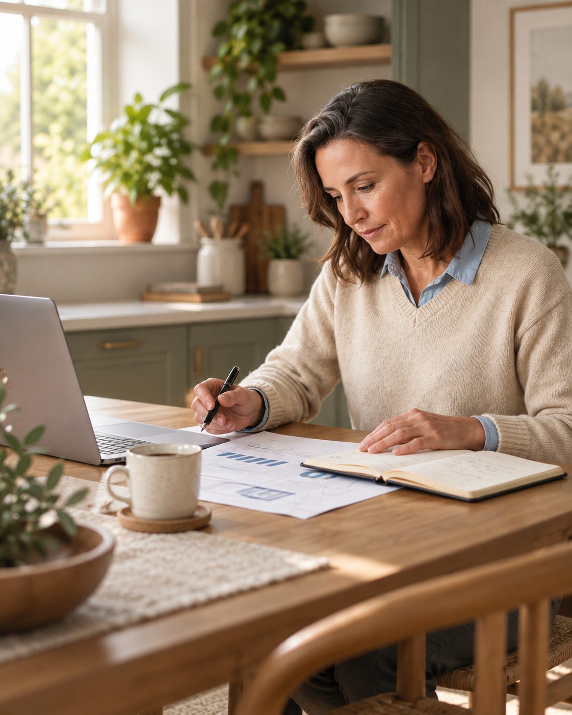 A woman sitting at a wooden dining table in a kitchen, working with documents, a laptop, and a notebook, surrounded by plants and natural light.