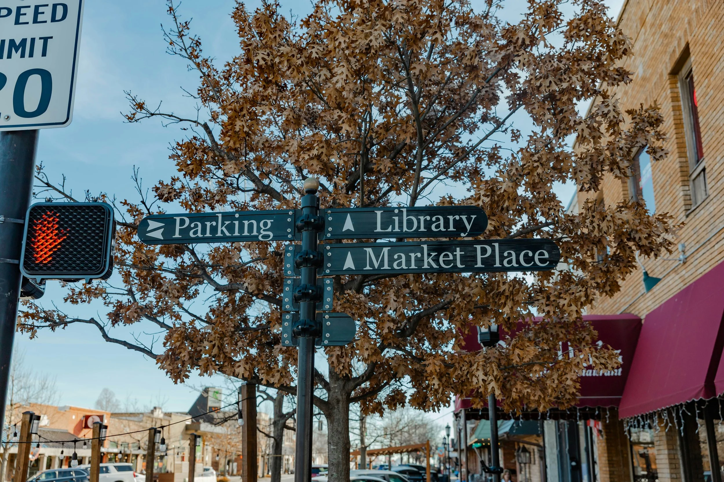 Street scene with a traffic light showing a red hand, street signs pointing to Parking, Library, and Market Place, and a tree with brown autumn leaves. Buildings and parked cars are visible in the background.