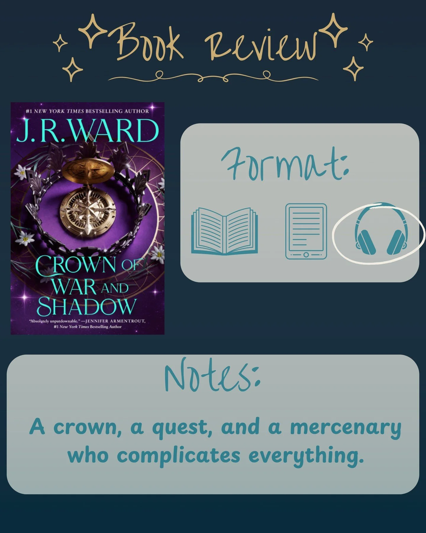 📚 Book Review&mdash;Crown of War and Shadow by J.R. Ward

I&rsquo;ve been a fan of J.R. Ward since 2007, and she has never disappointed me. Crown of War and Shadow is no exception.

This marks Ward&rsquo;s first step into romantasy, and it&rsquo;s a