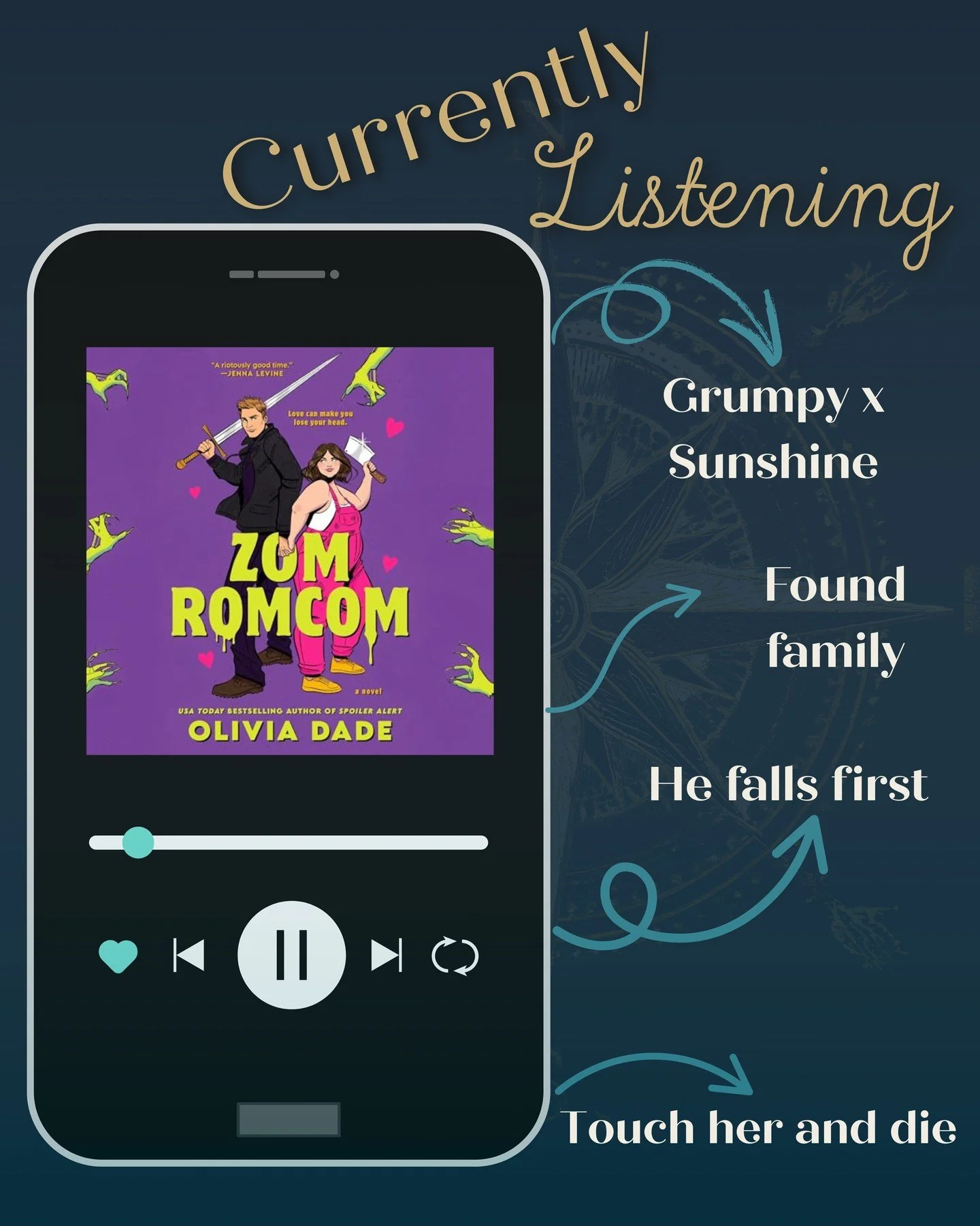 🎧Currently Listening

Starting ZomRomCom by Olivia Dade, and honestly the title and cover alone had me intrigued.

I love a good zombie story, and when you add romance and banter into the mix? Even better. 

I&rsquo;m going into this one completely 