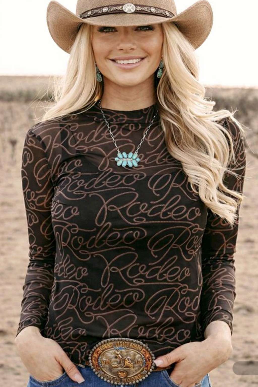 Western Cowboy Print Long Sleeve Mesh Top