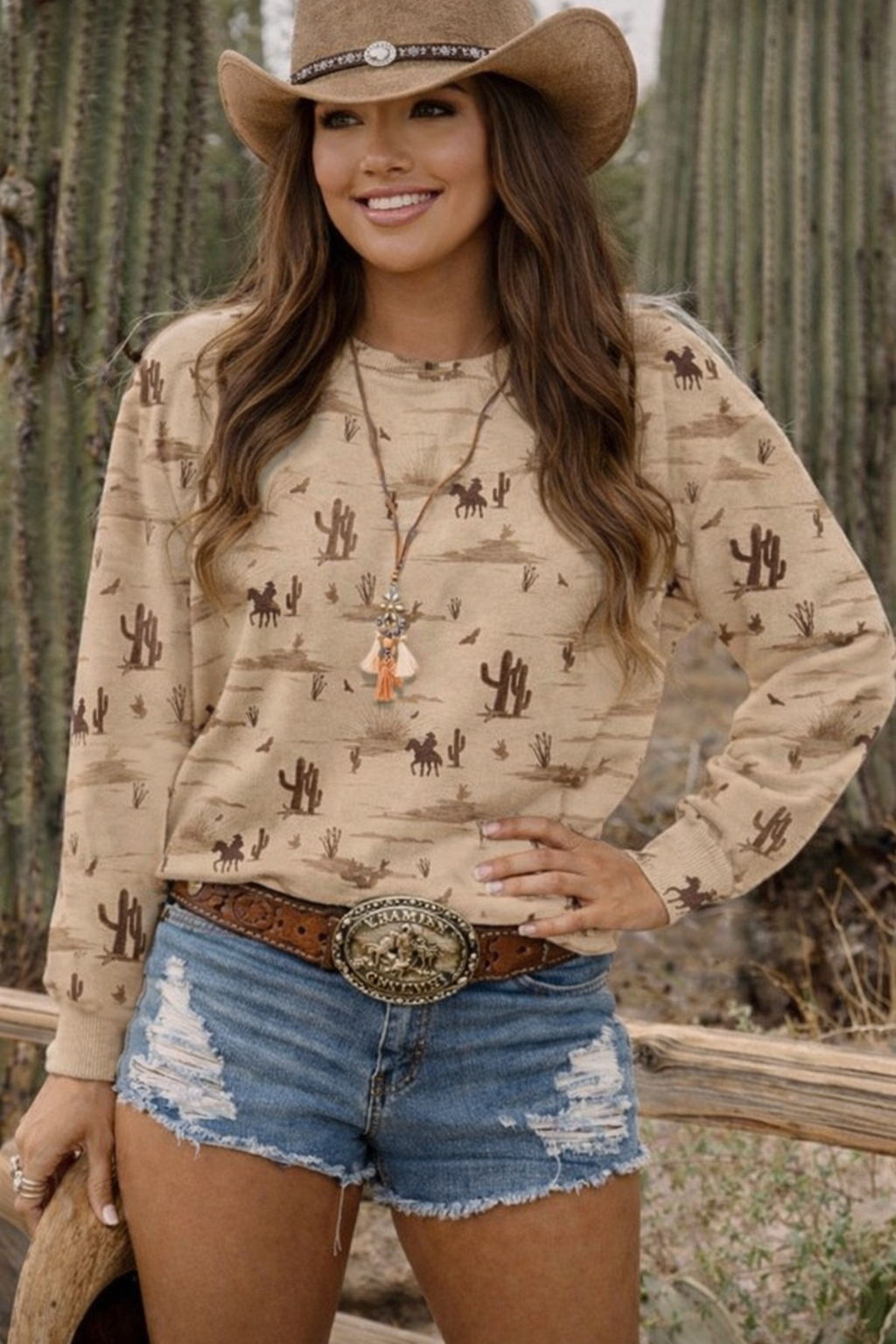 Western Desert Wind, Brown Cactus Print Round Neck Women's Sweatshirt
