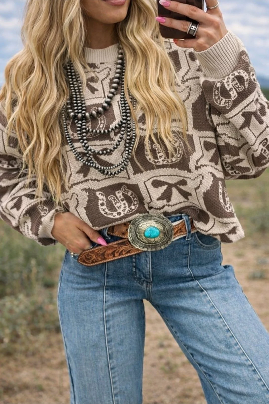 Women's Brown Western-Style Pattern Contrasting Loose Sweater