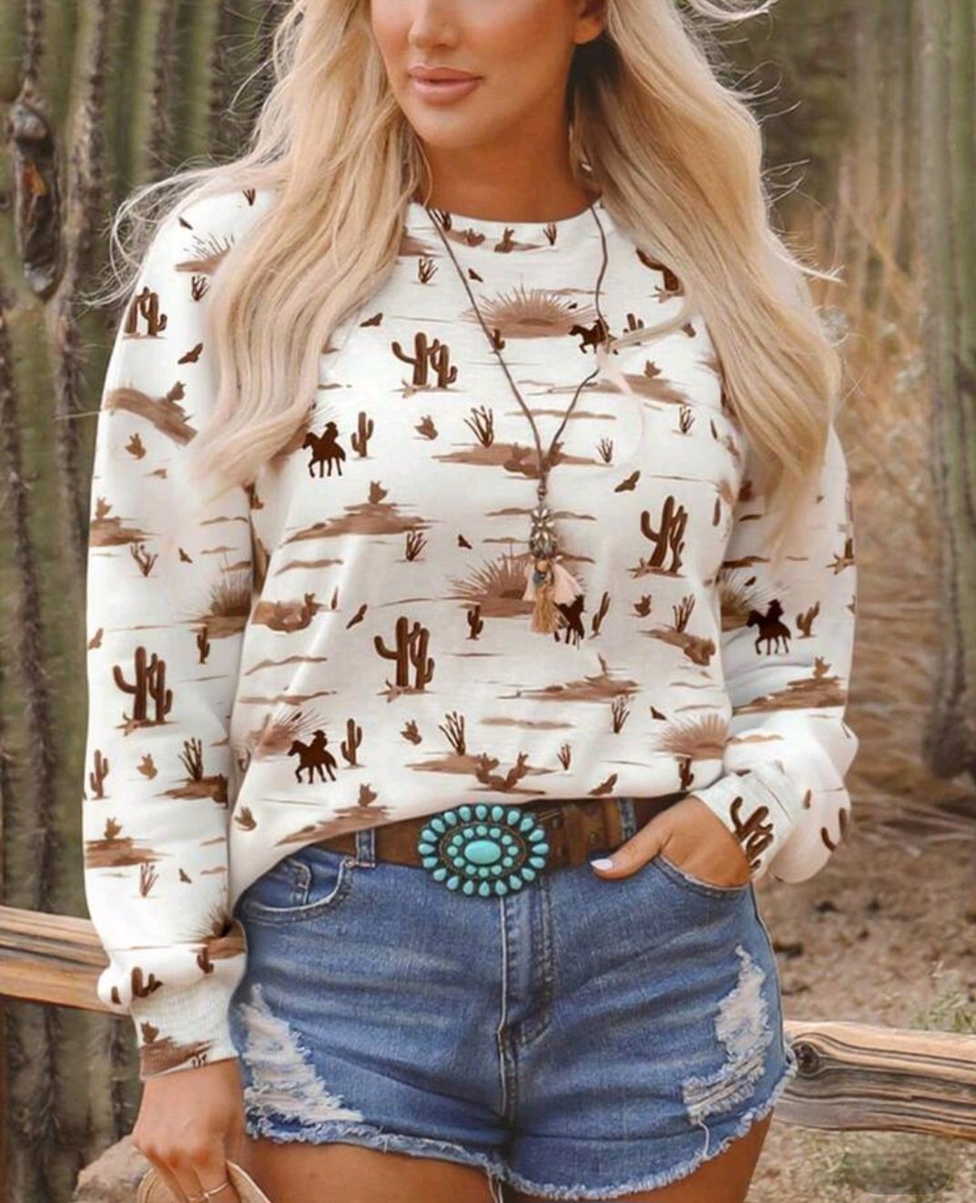 Western Desert Wind, Brown Cactus And Western Cowboy Print Round Neck Women's Sweatshirtsame