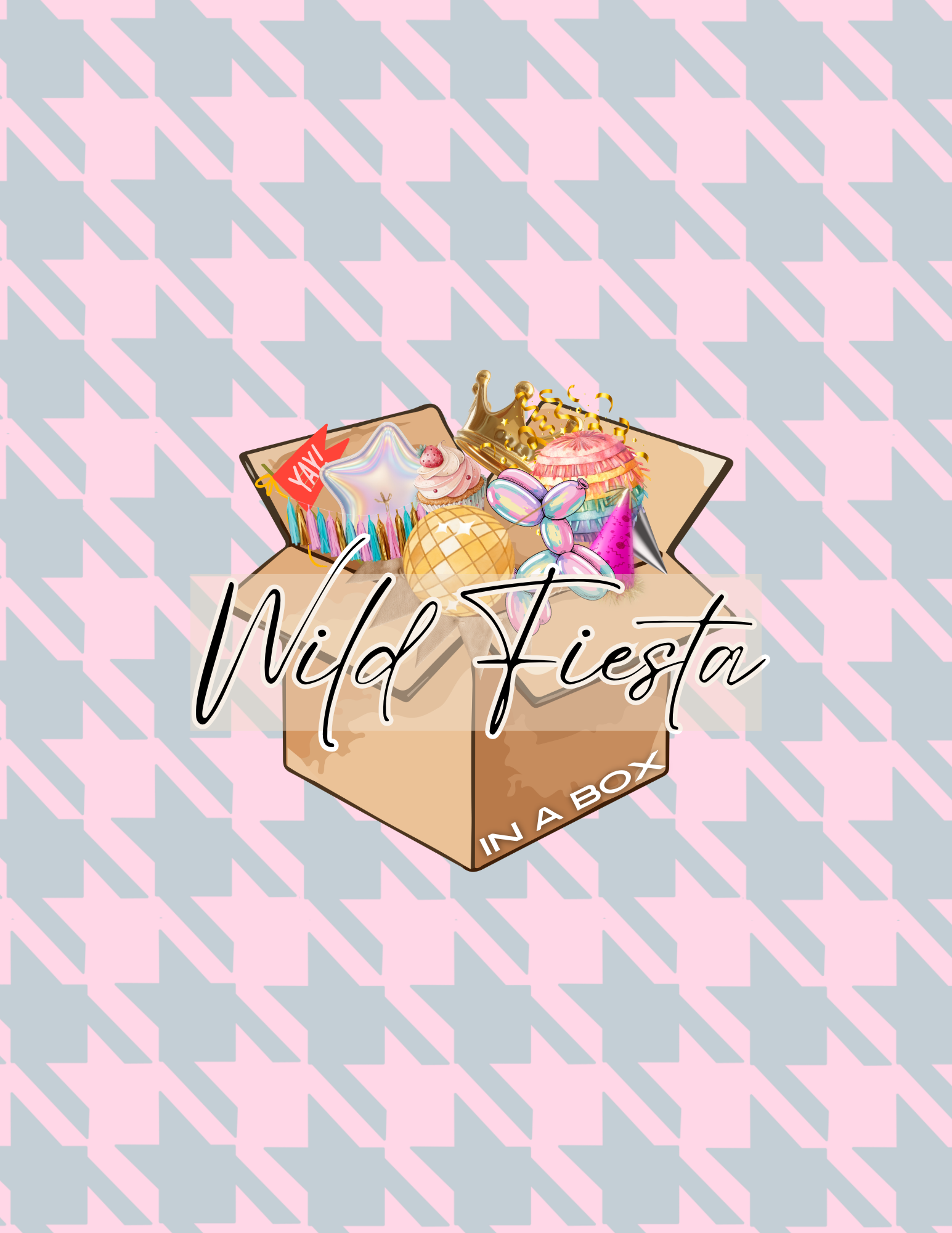 A colorful box filled with celebration items like candies, cupcakes, balloons, a crown, and a mini disco ball, with the text 'Midd Fiesta In A Box' on the front.