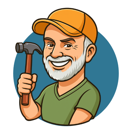 Cartoon man with a beard and mustache, wearing a yellow cap and green shirt, holding a hammer and smiling.