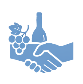 Illustration of a handshake with a wine bottle and grapes in the background.