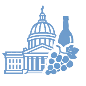 Outline of Oklahoma State Capital, a wine bottle, and a cluster of grapes.