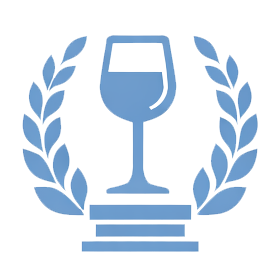 Stylized icon of a wine glass surrounded by laurel branches on a dark background.