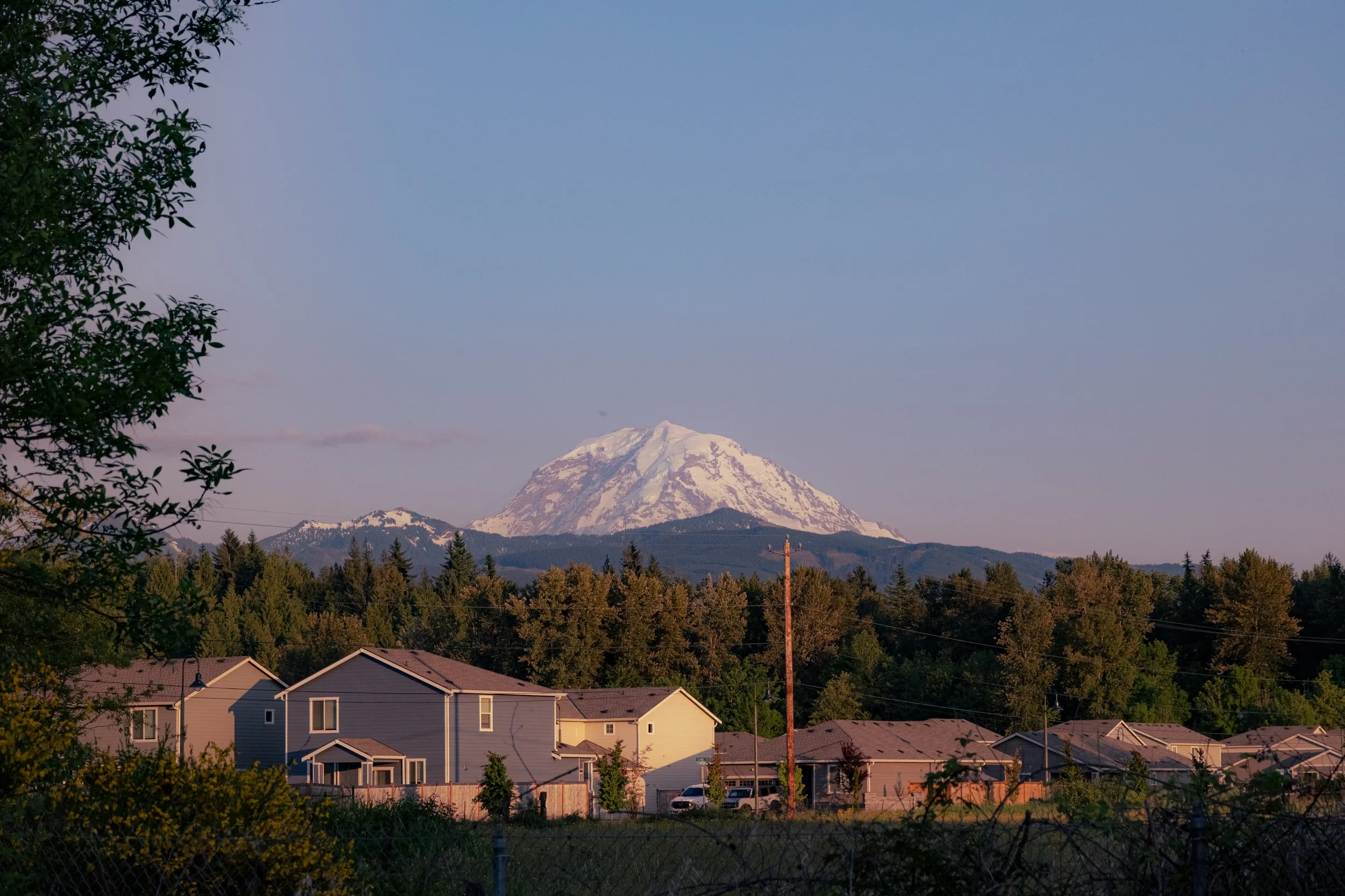 Residential neighborhood with houses in the foreground, a dense forest area in the midground, and a snow-capped mountain in the background under a clear sky.