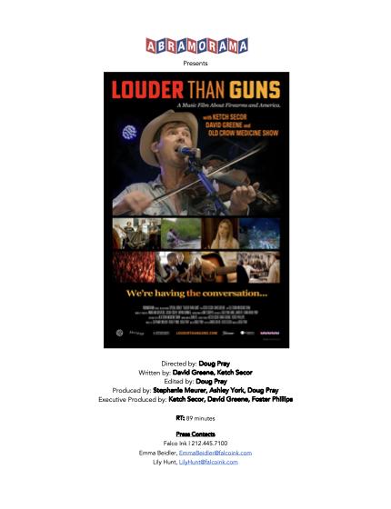 Poster for the documentary film 'Louder Than Guns,' presented by Abramorama. Features a man with a hat playing a violin. Includes multiple smaller scenes from the film, and mentions it is about free speech and media issues.