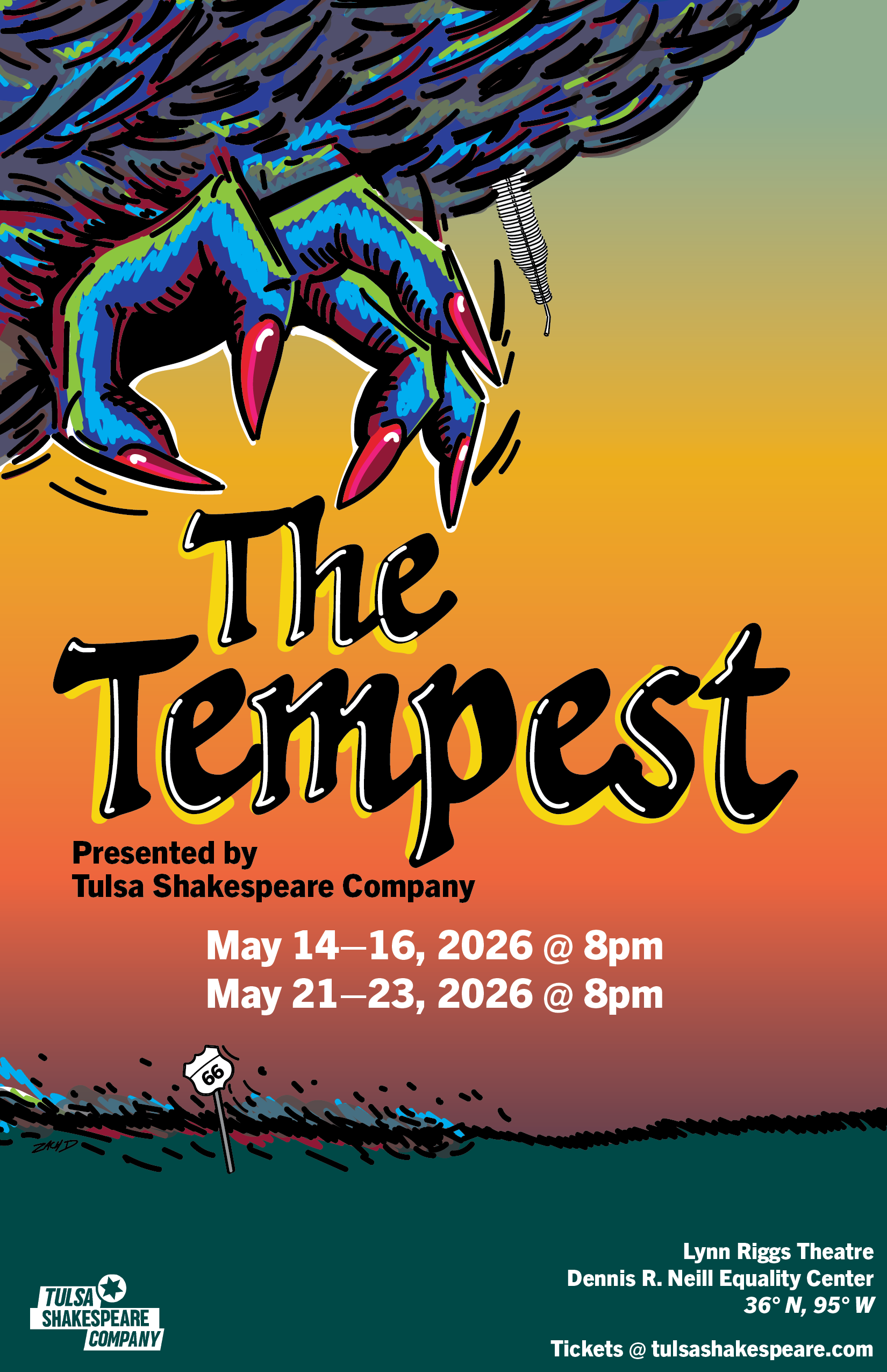 Show poster for "The Tempest" depicting a magical hand in a tornado hovering over an open field