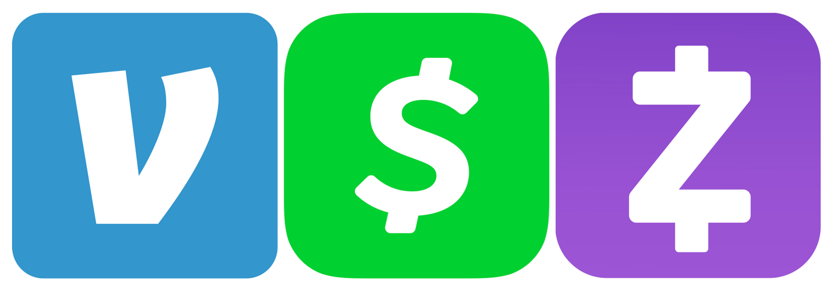 Icons of three app buttons for Venmo, Cash App, and Zelle with their respective logos and backgrounds in blue, green, and purple.
