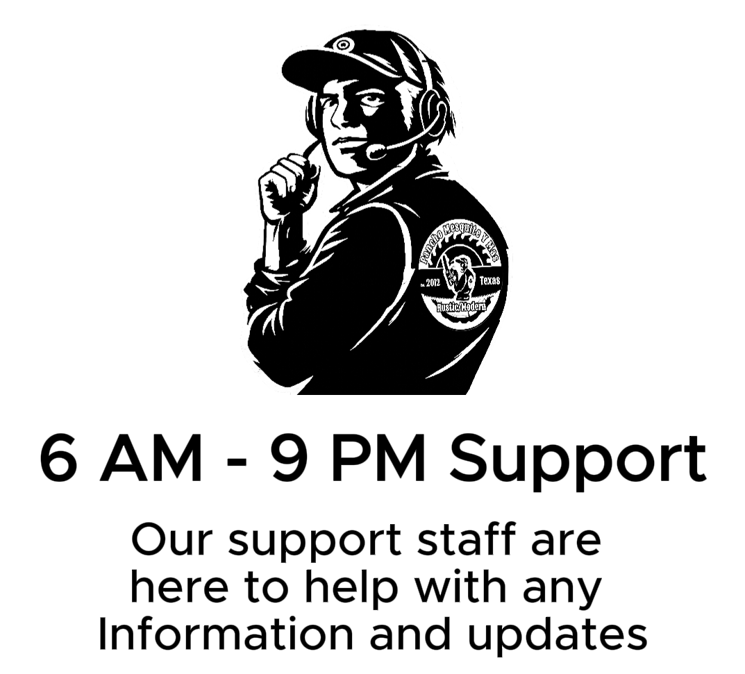A black and white illustration of a person wearing a cap and headset, with a logo on the back of the jacket, and text indicating support hours and assistance availability.